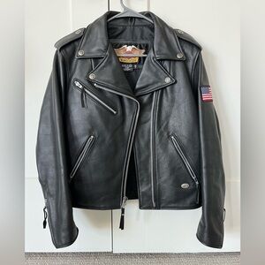Harley-Davidson Black Leather Women’s Motorcycle Jacket with American Flag Patch